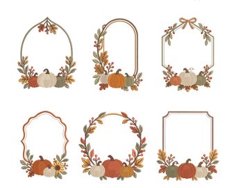 Può includere: Sei cornici decorative da ricamo con temi autunnali di zucche, foglie e bacche. Il testo recita HALLOWEEN FRAMES 9 SIZES 3.5" TO 7.5" e i formati DST, EXP, PES, PDF, JEF, VP3. Ogni cornice ha una forma unica e fogliame autunnale.