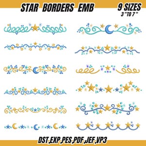 May include: A collection of embroidered star borders in various designs. The borders feature stars, moons, and swirls in shades of gold, blue, and teal. The text at the top reads "STAR BORDERS EMB" and "9 SIZES 3" TO 7". The bottom text includes file formats.