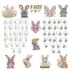 Può includere: Lettere dell'alfabeto ricamate con disegni di conigli in varie pose. I conigli indossano corone di fiori, occhiali e fiocchi. Le lettere sono in un carattere blu chiaro. L'immagine include il testo "9 SIZES 3" TO 7".