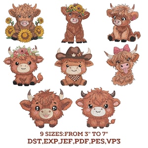 Può includere: Nove disegni di ricamo di mucche Highland di cartoni animati carine in varie pose, tra cui indossare un cappello da cowboy, una corona di fiori e un fiocco. I disegni sono disponibili in nove dimensioni da 3 a 7 pollici e in sei formati di file: DST, EXP, JEF, PDF, PES e VP3.