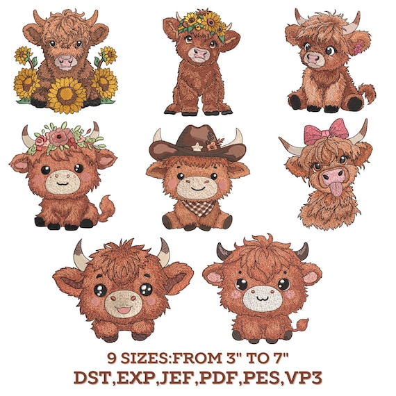 Baby Highland Cow Embroidery Designs: Farm Animal Machine Files (9 Sizes)
