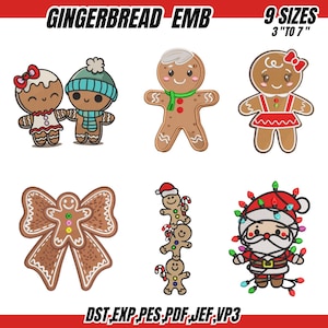 May include: A collection of gingerbread-themed embroidery designs. The image features various gingerbread people, a bow, and Santa Claus, all in a cartoon style. The text "GINGERBREAD EMB" and "9 SIZES 3" TO 7"" are displayed at the top. File formats: DST, EXP, PES, PDF, JEF, VP3.