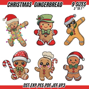 Può includere: Una collezione di disegni di omini di pan di zenzero natalizi. Gli omini di pan di zenzero sono decorati con cappelli di Babbo Natale, occhiali da sole e altri accessori festivi. Il testo "CHRISTMAS GINGERBREAD" e "9 SIZES 3" TO 7"" è visualizzato in alto.