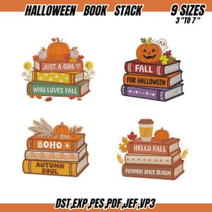 May include: Four stacks of embroidered books featuring Halloween and autumn themes. The designs include pumpkins, ghosts, sunflowers, and coffee cups with text reading "JUST A GIRL WHO LOVES FALL," "FALL FOR HALLOWEEN," "BOHO AUTUMN SOUL," and "HELLO FALL PUMPKIN SPICE SEASON."