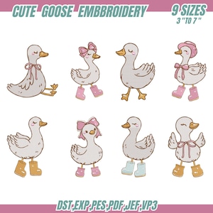 8 Cute Silly Goose Machine Embroidery Design, Lovely Goose with Big Bow Embroidery design, Multiple Size Embroidery File , Instant Download