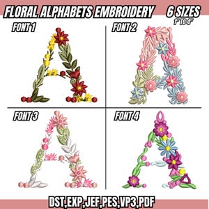 Floral Font Embroidery, A-Z Full Flower Alphabet Machine Embroidery Designs, Uppercase Letters, PES DST -6 sizes - Instant Download