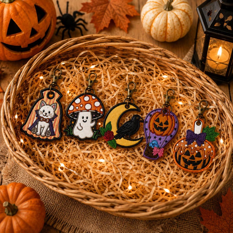 May include: Five embroidered Halloween-themed keychains featuring a cat in a cape, a mushroom ghost, a black crow on a yellow crescent moon, a purple pumpkin hot air balloon, and a jack-o'-lantern with a purple bow, all with bronze lobster clasps.