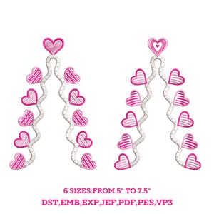 May include: Two embroidered heart designs in pink and white, arranged in a vertical, curving pattern. Each design features a series of hearts connected by a white, textured stem. The text "6 SIZES: FROM 12.7cm TO 19.05cm" is at the bottom.