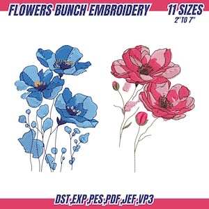 Op de afbeelding: Een borduurontwerp met twee bloemstukken. Eén arrangement toont blauwe bloemen met gele centra, de andere roze bloemen. De tekst "FLOWERS BUNCH EMBROIDERY" en "11 SIZES 2" TO 7"" staat bovenaan. De onderste tekst bevat "DST EXP PES PDF JEF VP3".