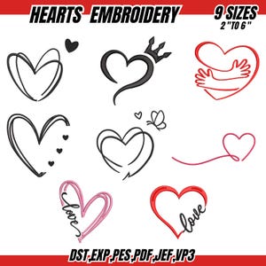 Può includere: Una collezione di disegni di ricamo a forma di cuore in vari stili, tra cui disegni a linea, cuori con corone e cuori con la parola "love". L'immagine include il testo "HEARTS EMBROIDERY" e "9 SIZES 2" TO 6"", indicando diverse dimensioni.