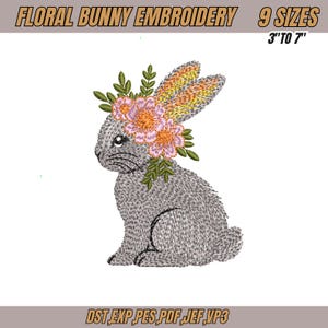 Floral Bunny Machine Embroidery Design – Summer Rabbit Pattern, Floral Bunny, Spring Rabbit Embroidery, Animal Embroidery, Easter Design