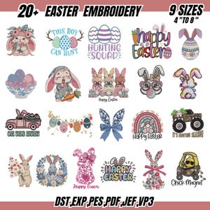 May include: A collection of Easter embroidery designs featuring bunnies, eggs, and festive phrases. Designs include a bunny with a carrot, Easter eggs, and the text "Happy Easter". Available in 9 sizes, ranging from 4 to 8 inches.