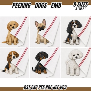 Può includere: Set di ricami digitali intitolato PEEKING DOGS EMB con sei diverse razze di cani che sbucano da dietro un panno bianco con strisce rosse. Il testo indica 9 dimensioni da 3 a 7 pollici e i formati di file DST, EXP, PES, PDF, JEF, VP3.