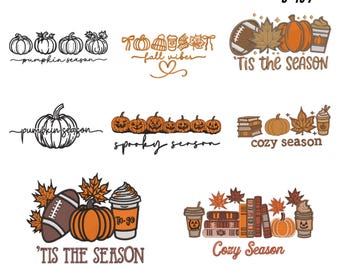 May include: A collection of Halloween embroidery designs featuring pumpkins, fall leaves, coffee cups, and footballs. Text includes "pumpkin season", "fall vibes", "spooky season", "cozy season", and "'Tis the Season". Designs are available in 9 sizes, from 3 to 7 inches.