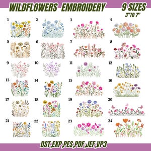 Puede incluir: Un conjunto de 24 diseños de bordado de flores silvestres en varios colores. Los diseños están disponibles en 9 tamaños, que van desde 7.6 cm hasta 17.8 cm. El texto "WILDFLOWERS EMBROIDERY" y "9 SIZES" está en la parte superior.