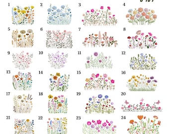 Könnte beinhalten: Ein Raster mit 24 Stickmustern mit Wildblumen in verschiedenen Farben. Die Designs sind in 9 Größen von 7.6 cm bis 17.8 cm erhältlich. Der Text "WILDFLOWERS EMBROIDERY" und "9 SIZES" ist oben zu sehen.