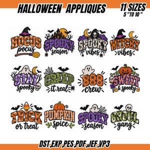 Puede incluir: Una colección de doce diseños de bordado digital con temática de Halloween que incluyen textos y gráficos como fantasmas, calabazas, calaveras y murciélagos. Los textos dicen Hocus Pocus, Spooky Season, Spooky Vibes, Witchy Vibes, Stay Spooky, Creep It Real, Boo Crew, Sweet & Spooky, Trick or Treat, Pumpkin Spice y Ghoul Gang. Incluye 11 tamaños de 12,7 a 25,4 cm.
