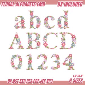 Desenho de bordado de alfabeto floral de A a Z, bordado de fonte floral, desenhos de bordado de máquina de alfabeto de flores de A a Z, bordado de alfabeto 6 tamanhos