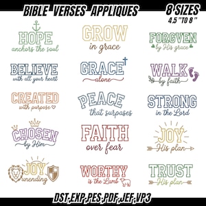 May include: A collection of embroidered applique designs featuring inspirational Bible verses. The designs include phrases like "HOPE anchors the soul," "BELIEVE with all your heart," and "JOY unending." Available in 8 sizes, ranging from 4.5 to 8 inches.
