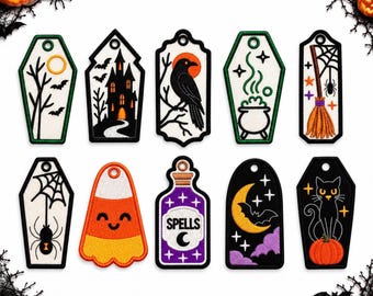 Halloween bokmärke maskinbroderidesigner, In the Hoop ITH bokmärkespaket, godismajs trollformelflaska svart kattkista, omedelbar nedladdning