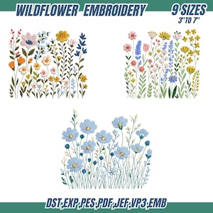 Puede incluir: Diseños de bordado de flores silvestres en tres arreglos. Los diseños presentan flores y follaje bordados de colores. El texto en la parte superior dice "WILDFOWER EMBROIDERY" y "9 SIZES 3" TO 7". El texto inferior dice "DST, EXP, PES, PDF, JEF, VP3, EMB".