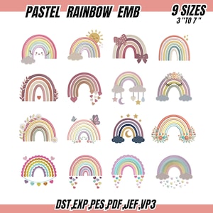 May include: A collection of sixteen pastel rainbow embroidery designs featuring various motifs like clouds, hearts, stars, flowers, butterflies, and moons. The text reads PASTEL RAINBOW EMB, 9 SIZES 3 TO 7, and file formats DST, EXP, PES, PDF, JEF, VP3.