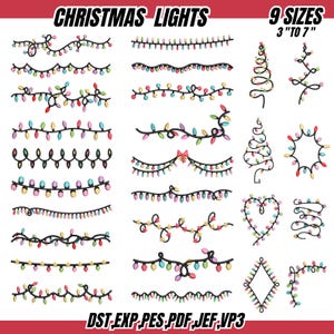 Puede incluir: Una colección de diseños de luces navideñas en varias formas y estilos. La imagen presenta múltiples hileras de luces, incluyendo líneas rectas, formas de árbol y arreglos decorativos. El texto "CHRISTMAS LIGHTS" y "9 SIZES 3" TO 7"" se muestra en la parte superior.