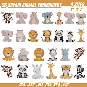 26 diseños de bordado de animales de safari, bordado a máquina de animales del zoológico, bordado para bebés, animales del bosque, animales de granja, 9 tamaños, descarga instantánea