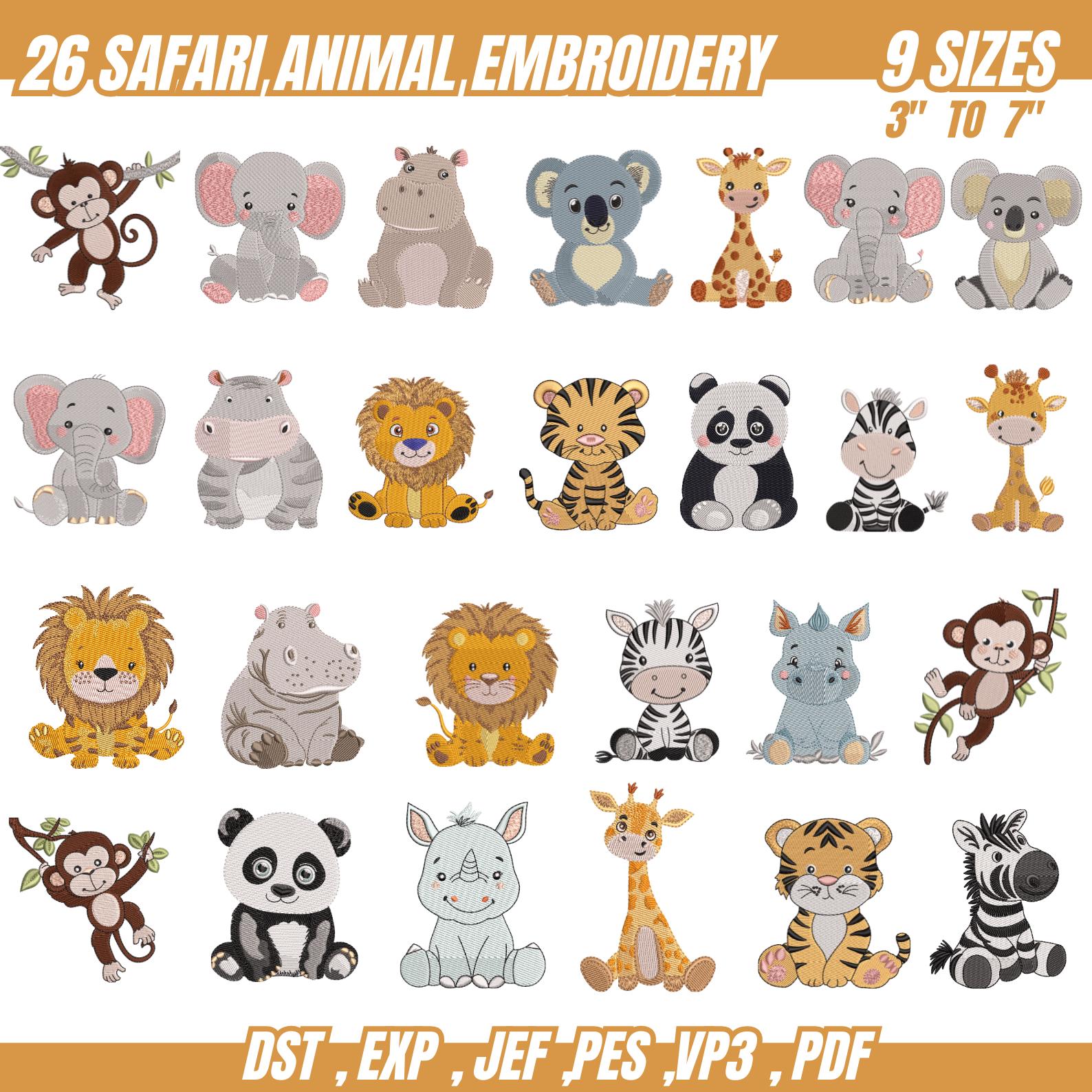 26 Safari Animals Embroidery Designs, Zoo Animal Machine Embroidery, Baby Embroidery, Forest Animal, Farm Animal, 9 Sizes,Instant Download