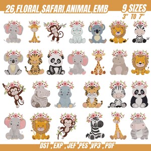 26 Desenhos de Bordados de Animais de Safári, Bordados Florais de Animais de Zoológico, Bordados de Bebê, Animais da Floresta, Animais de Fazenda, 9 Tamanhos, Download Instantâneo