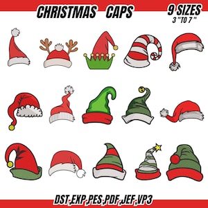May include: A collection of Christmas caps in various designs, including Santa hats, elf hats, and novelty styles. The image displays 12 different cap designs, with the text "CHRISTMAS CAPS" and "9 SIZES 3" TO 7"" at the top. The bottom of the image shows file formats.