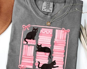 Cute Black Cats Books Shirt With Coquette Bows Comfort Colors Tee For Women Book Lover Kitty Gift Comfort Colors Shirt For Female Readers