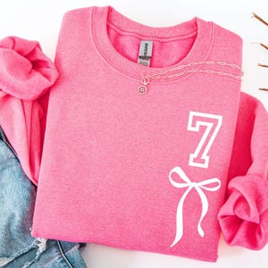 7th Birthday Sweatshirt: Coquette Bow Seven Sweatshirt, 7 Year Old Gifts, Sweater Gift for 7 Year Old Girl