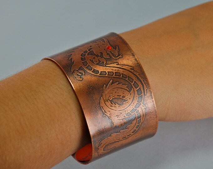 Wide Cuff with Copper and Hand Etched Dragon