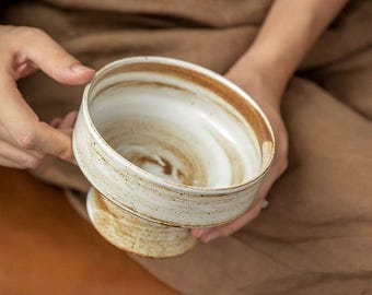 Handpainted Speckled Stoneware Pedestal Bowl – Modern Rustic Compote
