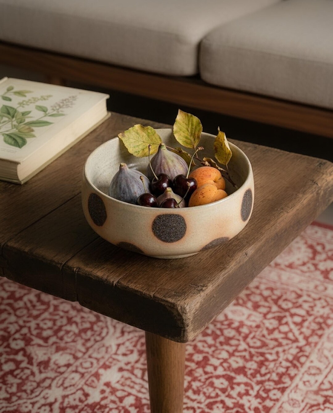 Hand Thrown Polka Dot Ceramic Serving Bowl, 6-inch, Creamy Glaze, Charcoal Dots