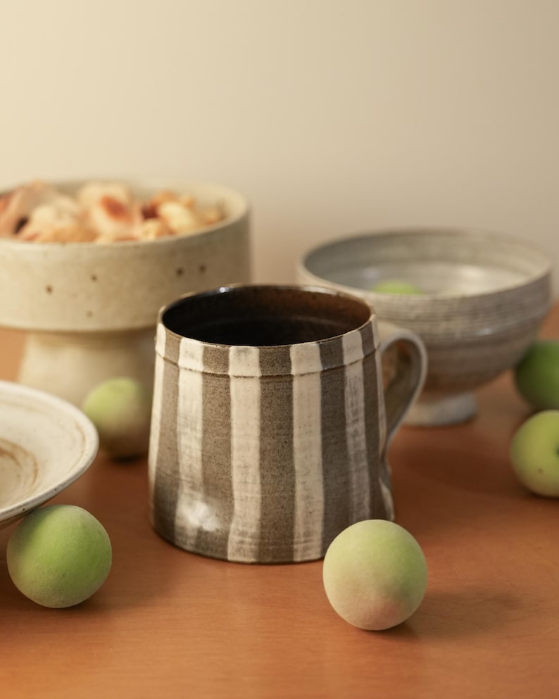 Handmade Striped Ceramic Mug: Wabi Sabi Artisan Stoneware