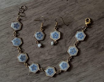 Brincos e pulseira - Branco com miosótis