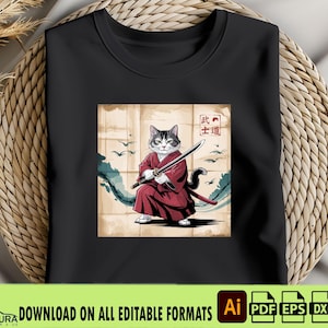 Samurai Cat PNG SVG. Warrior Cat Clipart for T-Shirts, Japanese Style Cat Art, Printable Katana Cat Design, Digital Download