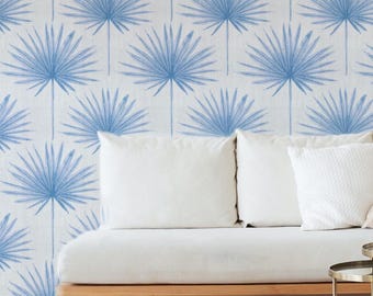 Blue Tropical Palm Leaf Removable Wallpaper for Renters: Coastal Beach House Peel and Stick