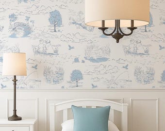 Soft Blue Vintage Fishing Boy and his Dog Toile Wallpaper,Boy Nursery Wallpaper,Removable Wallpaper, Modern Farmhouse Wallpaper