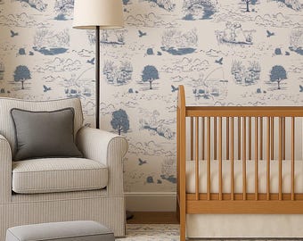 Blue Vintage Fishing Boy and his Dog Toile Wallpaper,Boy Nursery Wallpaper,Removable Wallpaper, Peel and Stick, Modern Farmhouse Wallpaper