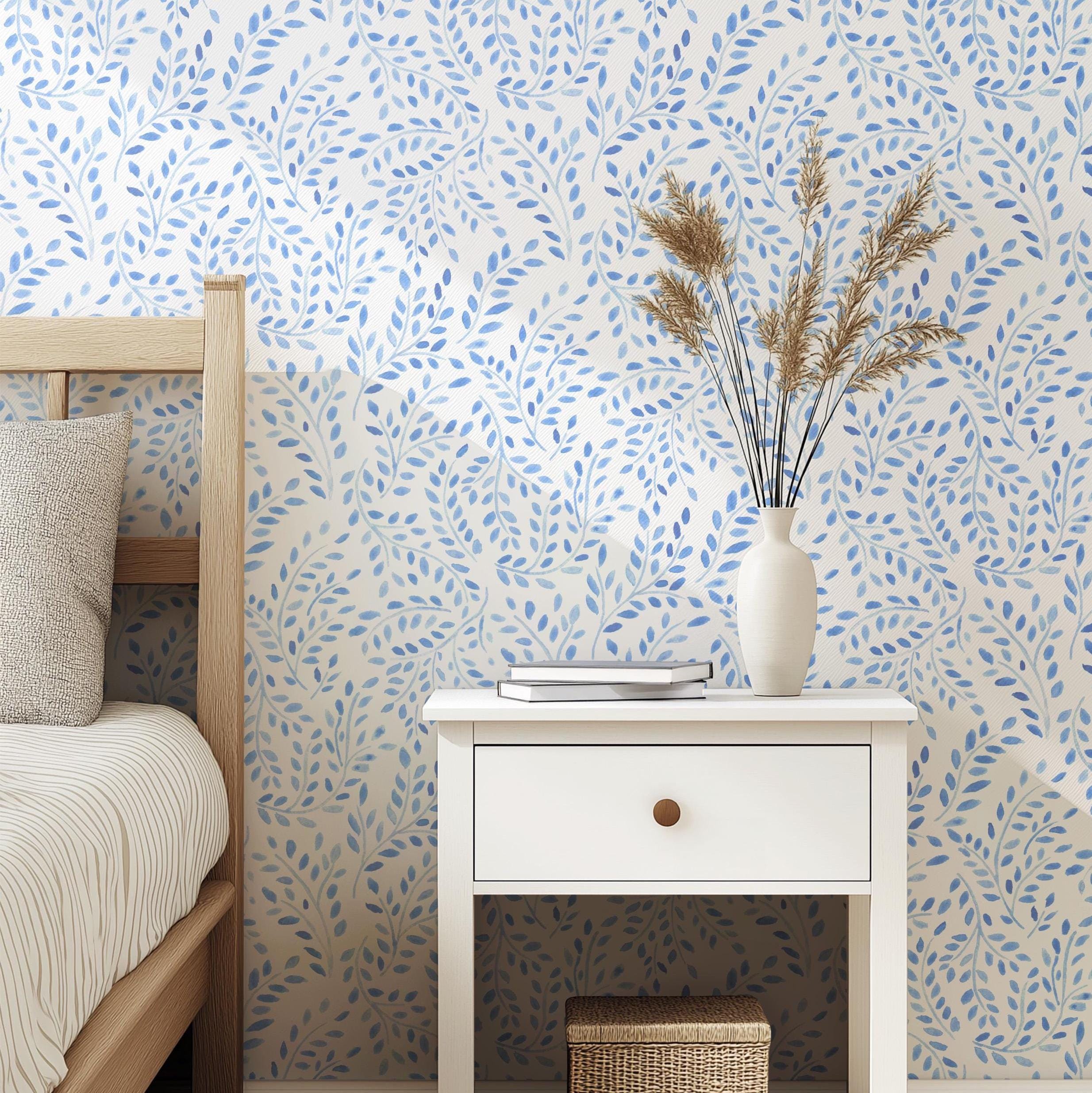 Quiet Blue Watercolor Leaves Wallpaper, Blue and White Wallpaper,  Removable Wallpaper, Peel and Stick Wallpaper, Modern Farmhouse Wallpaper