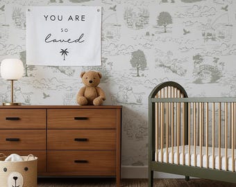 Green Vintage Fishing Boy and his Dog Toile Wallpaper,Boy Nursery Wallpaper,Removable Wallpaper, Peel and Stick, Modern Farmhouse Wallpaper