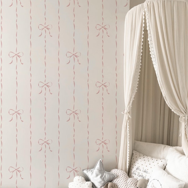 Papel pintado autoadhesivo con lazo y cinta rosa rubor, papel pintado removible, papel pintado rosa para habitación de niñas, papel pintado con lazo coqueto