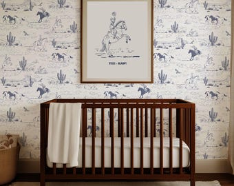 Blue Vintage Cowboy Toile Wallpaper,Boy Nursery Wallpaper,Removable Wallpaper, Peel and Stick, Modern Farmhouse Wallpaper