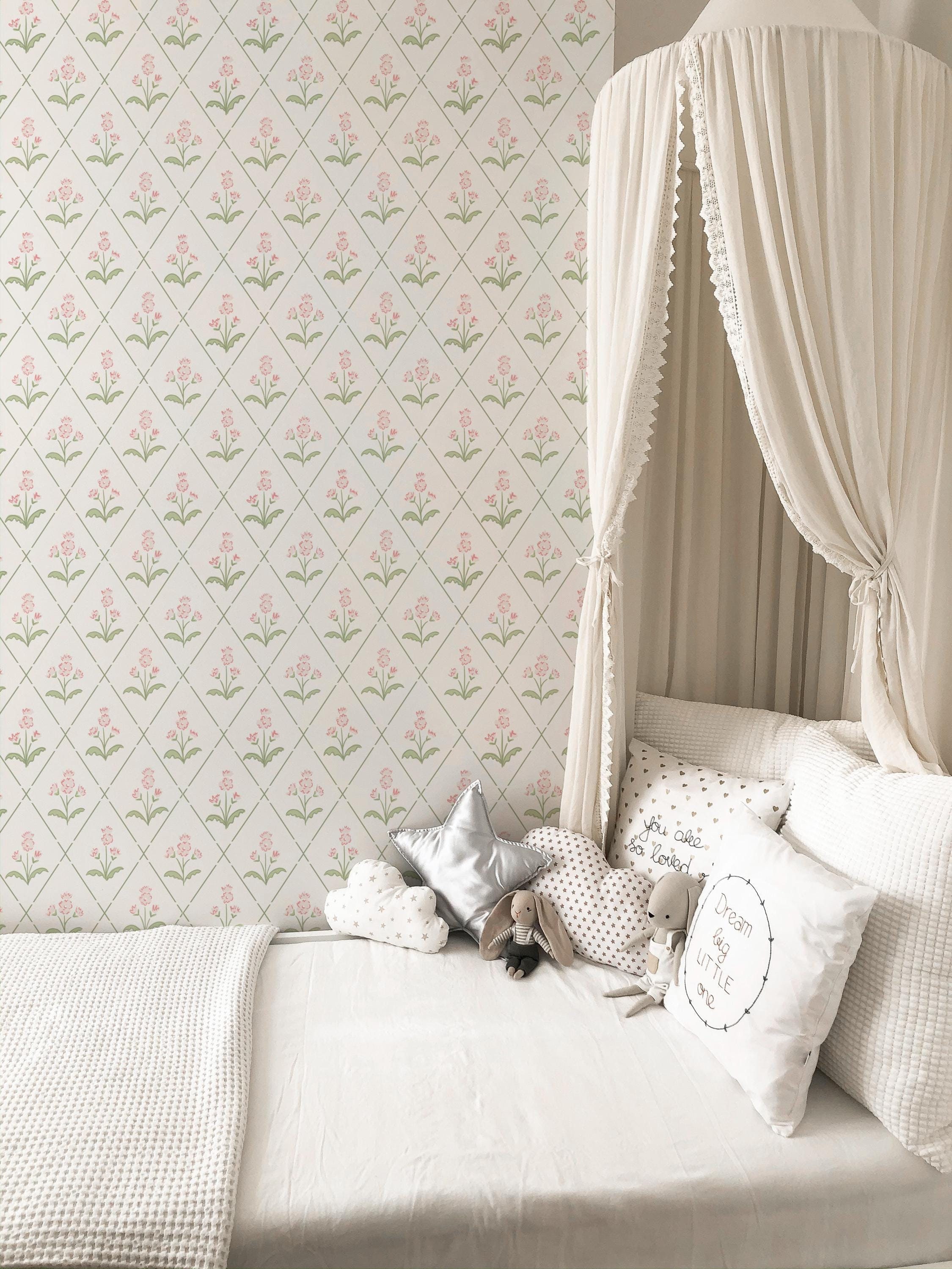 Pastel pink and green floral diamond trellis, peel and stick wallpaper, removable wallpaper, pink nursery wallpaper, floral lattice
