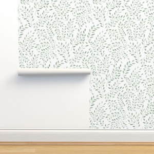Sage Green Watercolor Leaves Wallpaper, Green and White Wallpaper,  Removable Wallpaper, Peel and Stick, Modern Farmhouse Wallpaper