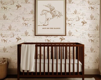 Tan Brown Vintage Cowboy Toile Wallpaper, Baby Boy Nursery Wallpaper,Removable Wallpaper, Peel and Stick, Modern Farmhouse Wallpaper