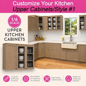 May include: A 1/6 scale miniature kitchen set featuring light brown upper cabinets with glass-front doors, solid cabinet doors, and open shelving. The set includes white bowls and clear glasses displayed inside the cabinets, designed for dollhouse use.